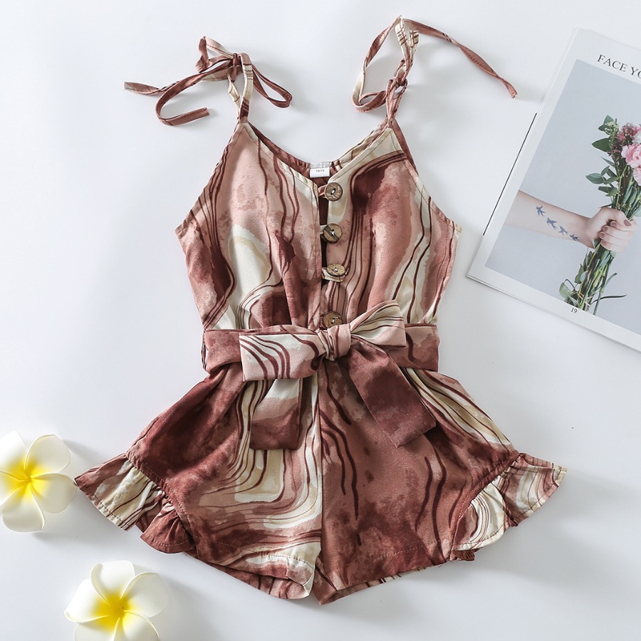 

Lovely Girl Casual Print Ruffle Bandage Design Light Coffee One-piece Romper