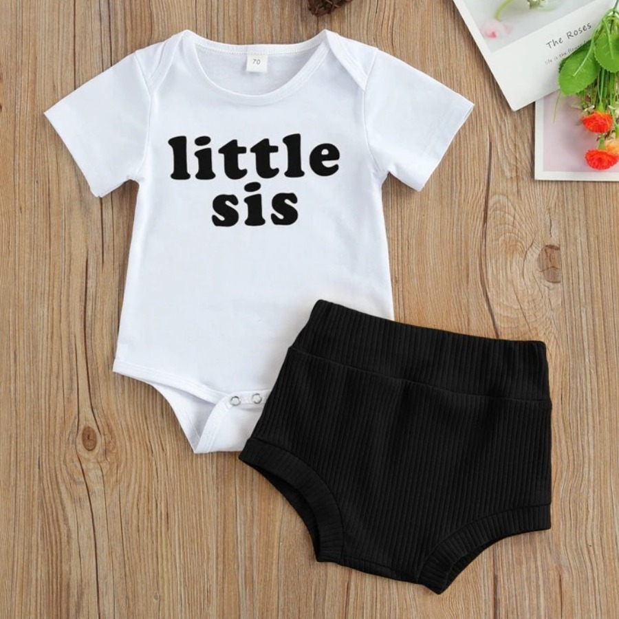 

Lovely Girl Casual Rib-Knit Letter Print Black Two Piece Shorts Set