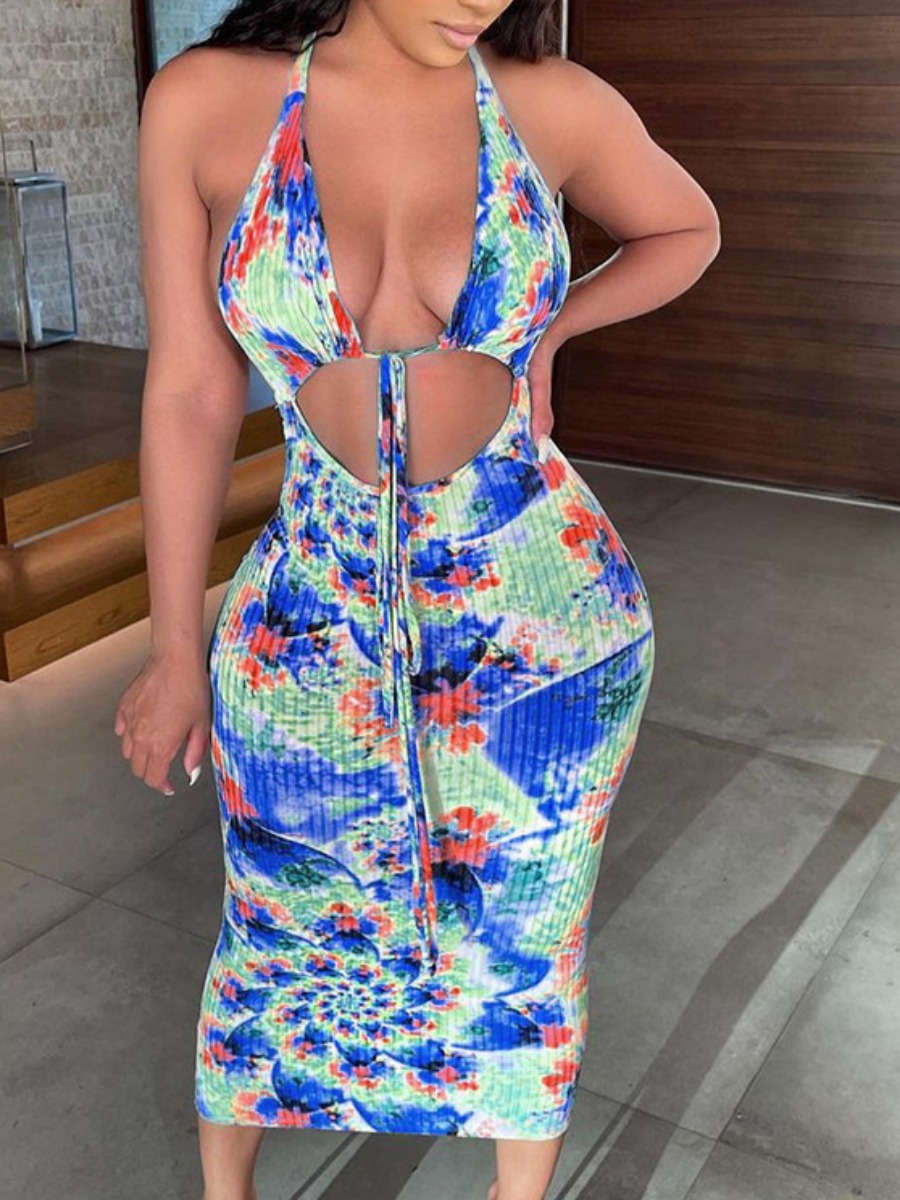 

LW Street Backless Tie-dye Bandage Design Deep Blue Mid Calf Dress