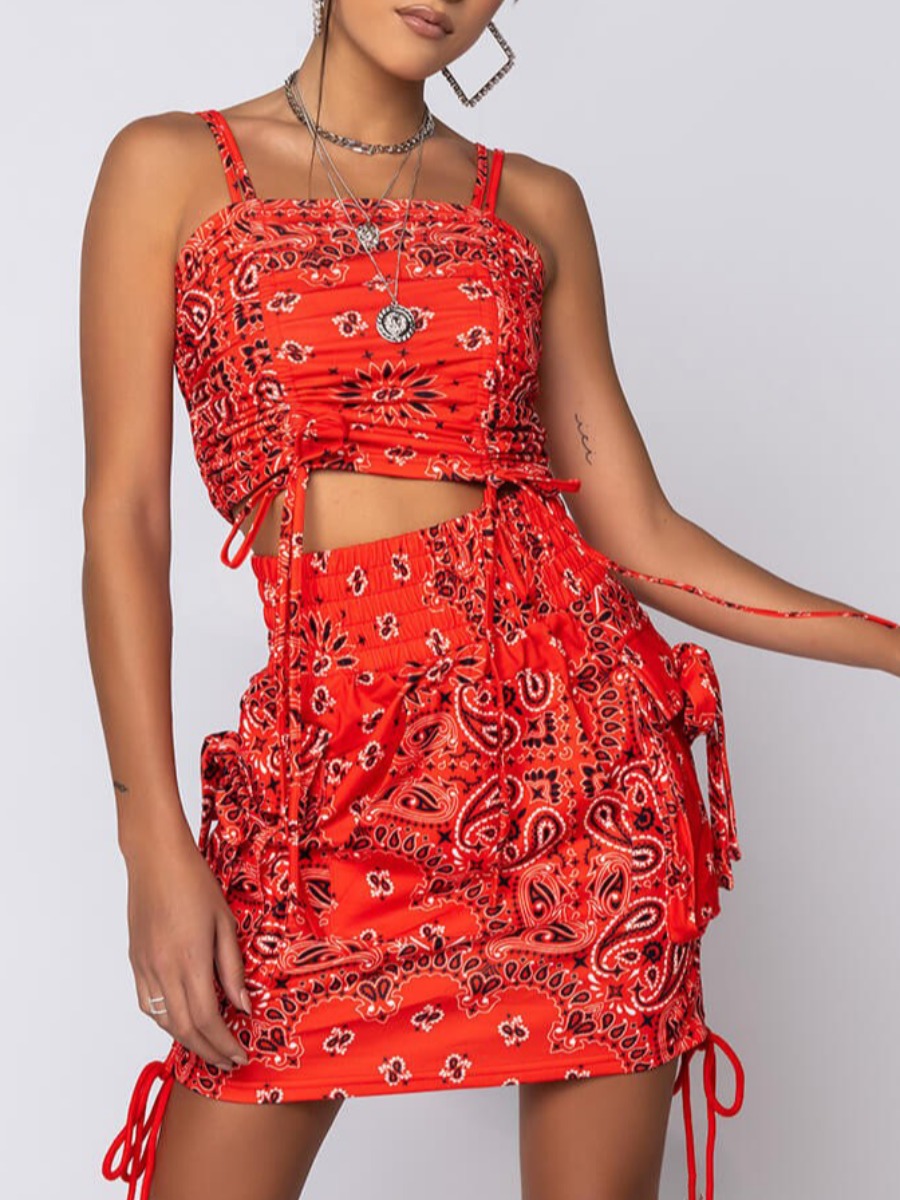 

LW Street Cashew Print Drawstring Red Two Piece Skirt Set