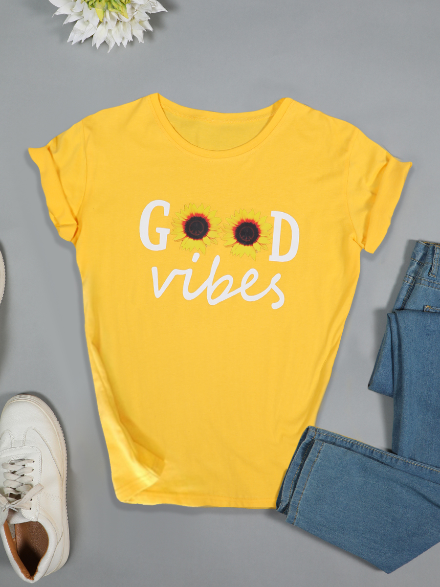 

LW Plus Size Casual O Neck Print Yellow T-shirt