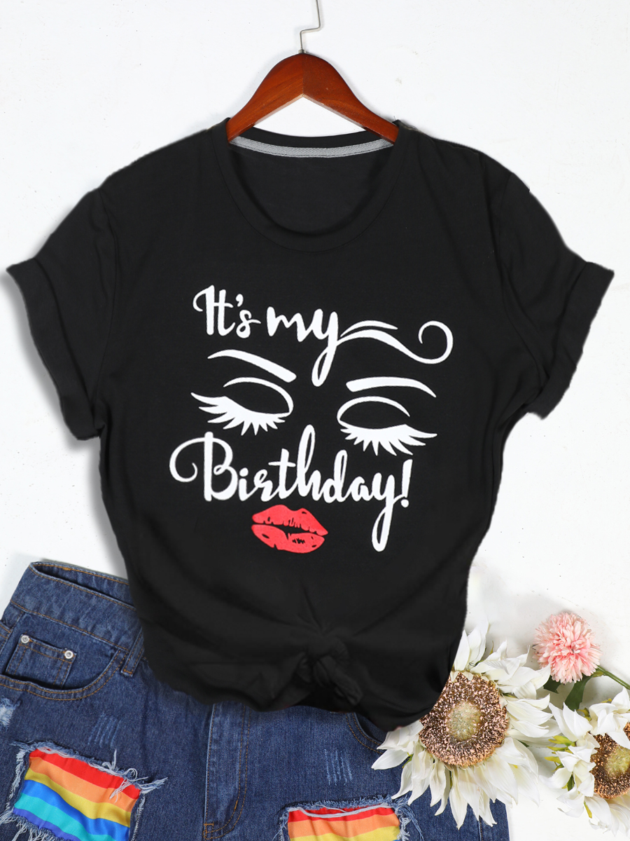 

Lovely Plus Size Casual O Neck Letter Print Black T-shirt
