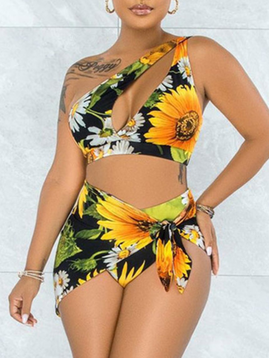

Lovely Sunflower Boho One Shoulder Floral Print Hollow-out Yellow Three-piece Swimsuit