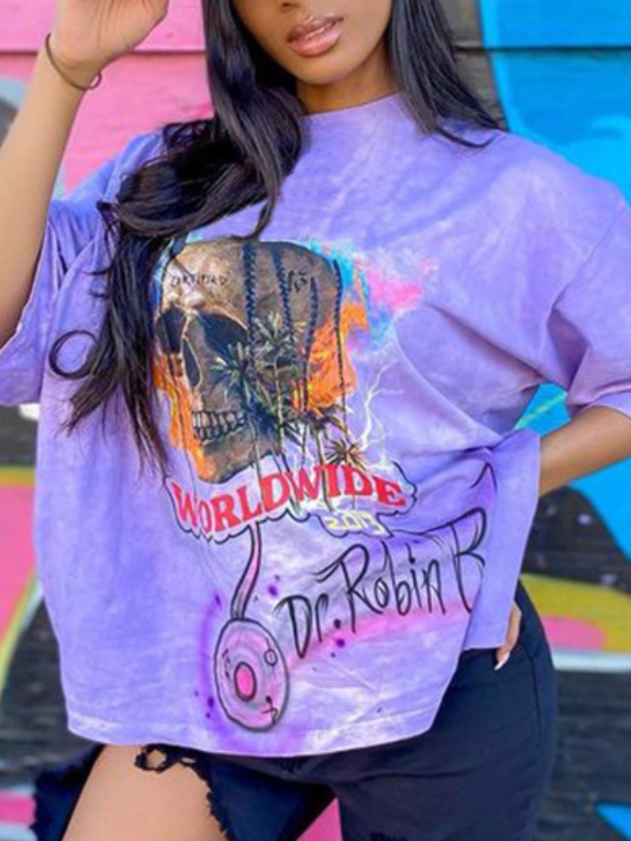 

Lovely Street Skull Head Letter Print Purple T-shirt