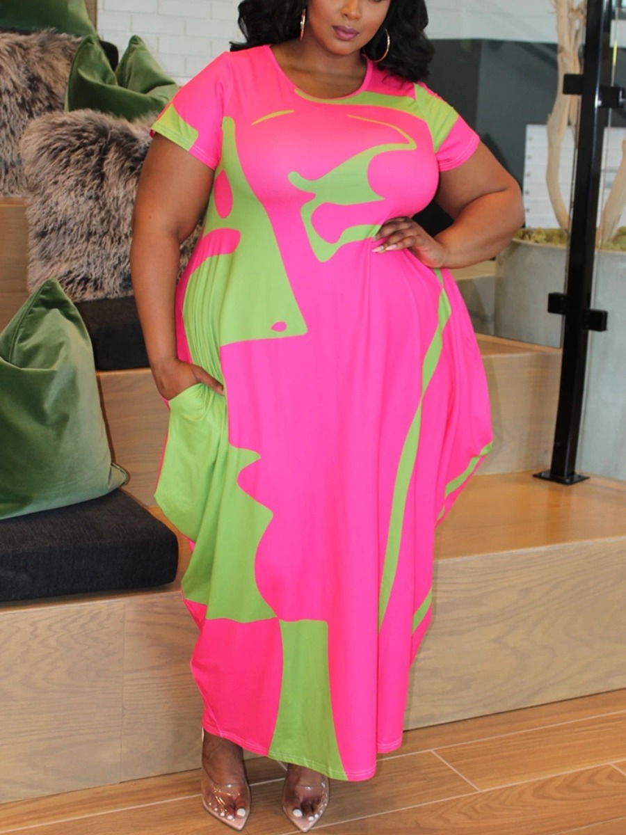 

Lovely Casual Color-lump Pocket Design Rose Red Ankle Length Plus Size Dress