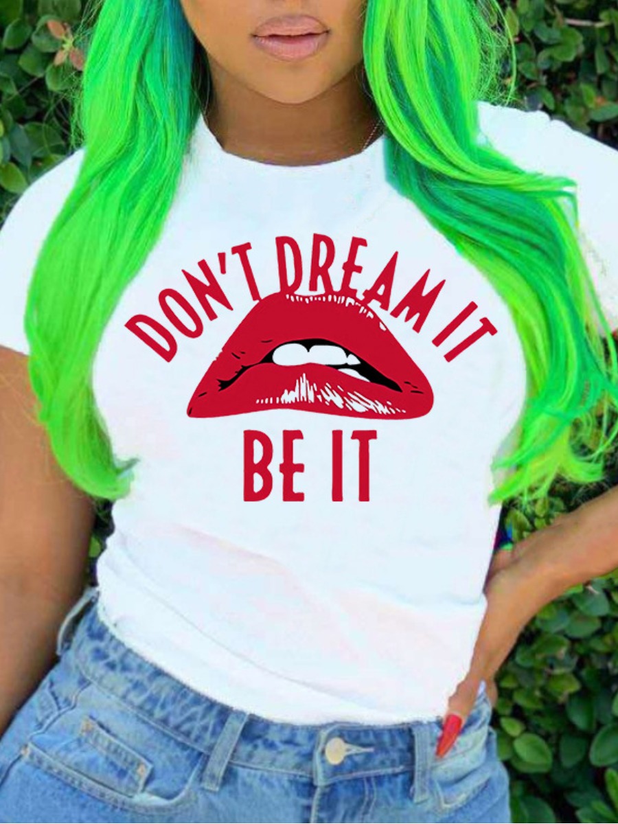 

Lovely Casual Lip Letter Print White T-shirt