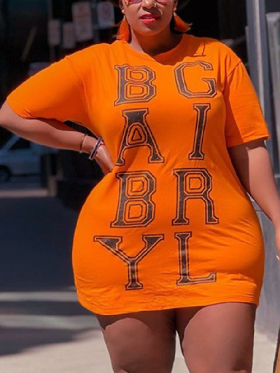 

LW Casual O Neck Letter Print Orange Mini Plus Size Dress