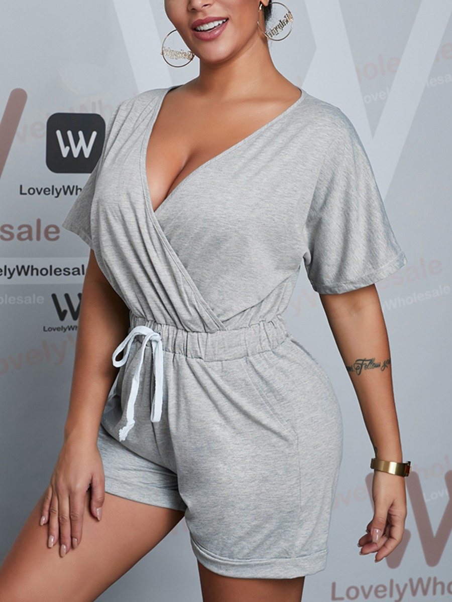 

Lovely Casual V Neck Drawstring Grey One-piece Romper