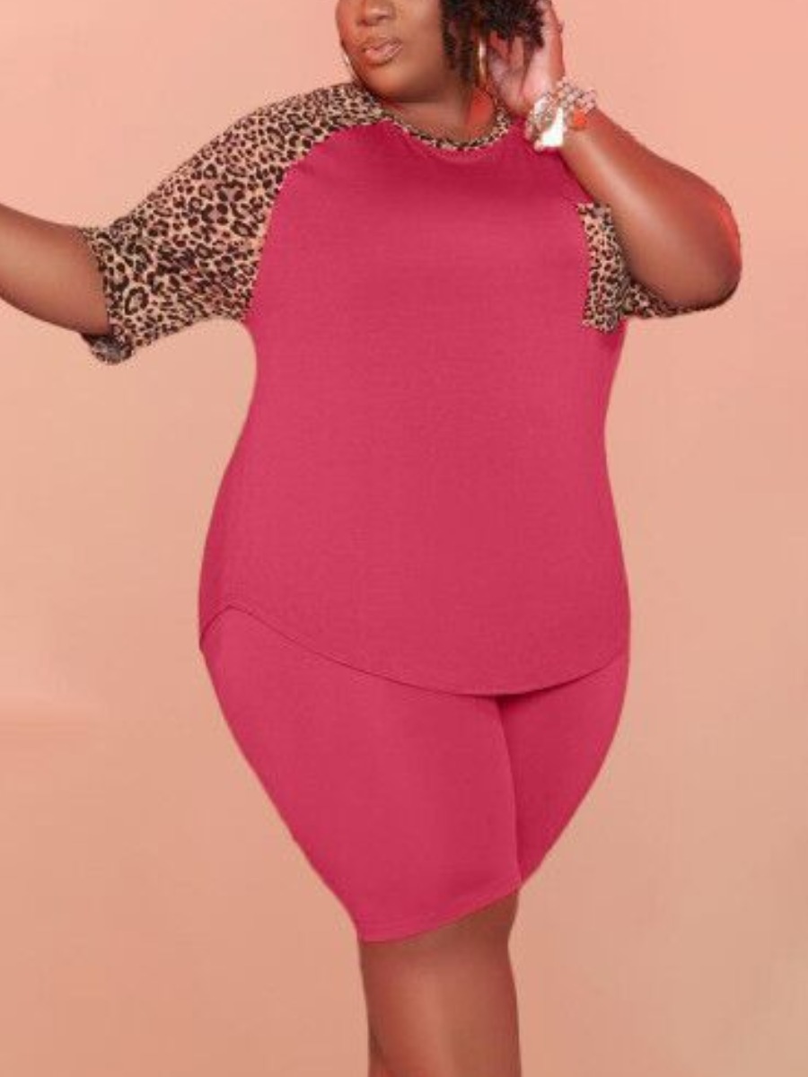 

Lovely Casual O Neck Leopard Print Rose Red Plus Size Two-piece Shorts Set