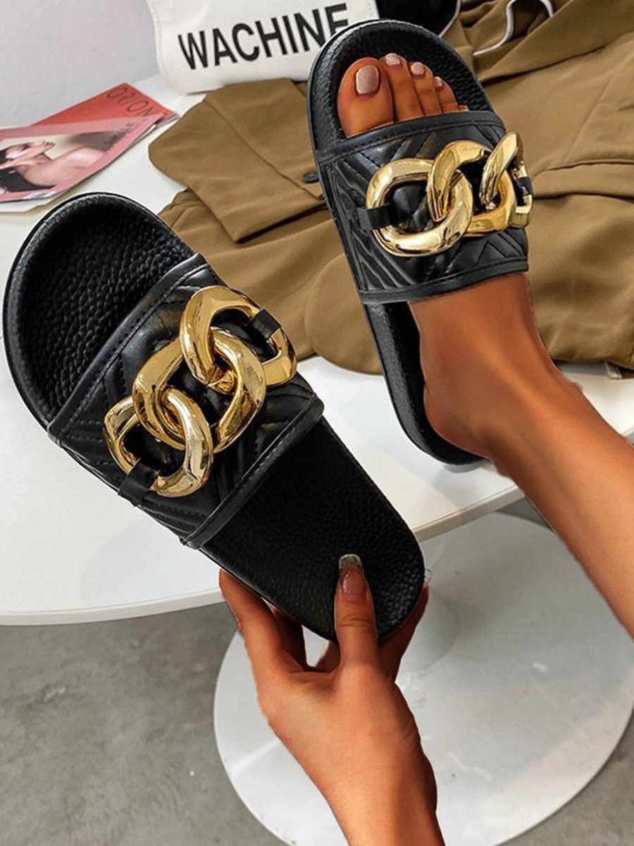 

LW Casual Chain Decoration Black Slippers