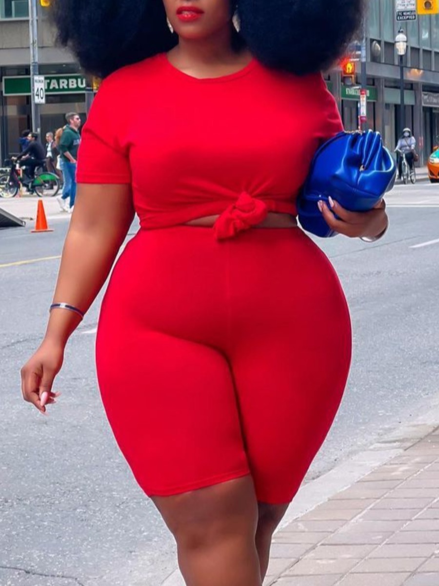 

Lovely Casual O Neck Elastic Red Plus Size Two-piece Shorts Set