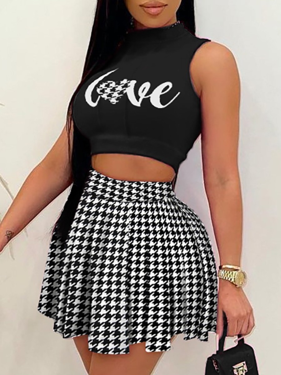 

Lovely Casual Letter Print Flounce Design Black Two Piece Skirt Set