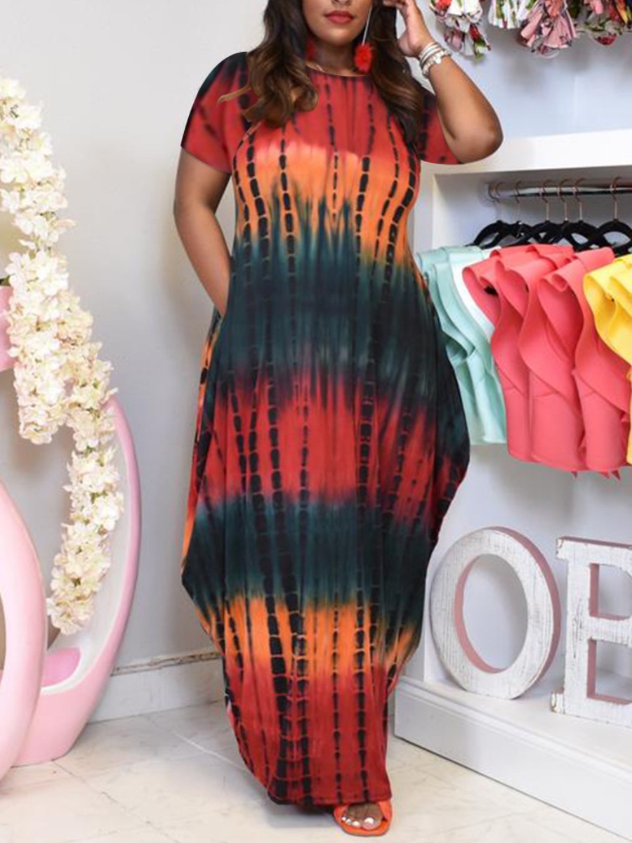 

LW BASICS Plus Size O Neck Tie-dye Dress, Red