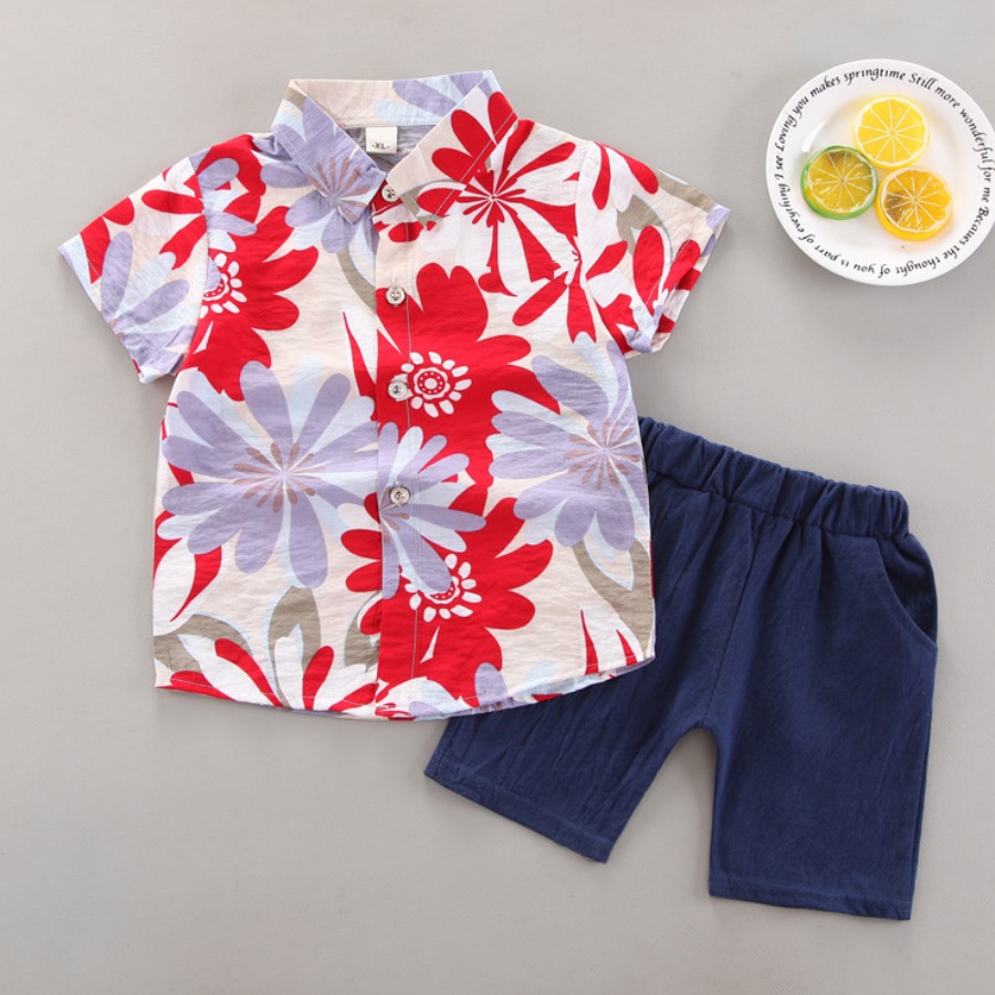 

Lovely Boy Boho Floral Print Patchwork Red Two Piece Shorts Set