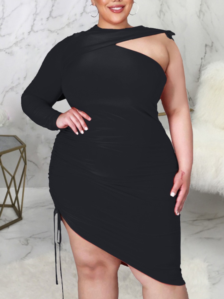 

Lovely Plus Size Elegant Hollow-out Drawstring Black Knee Length Dress