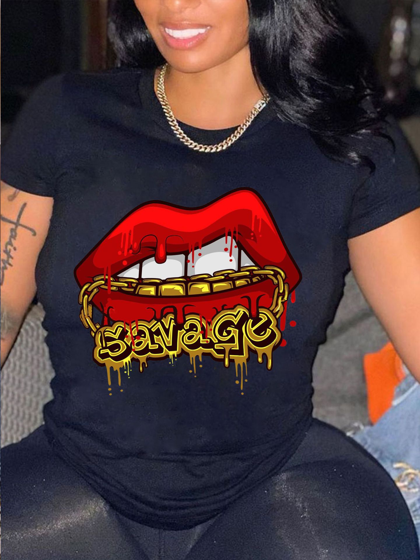LovelyWholesale Plus Size Lip Letter Print T-shirt Summer Short Sleeve Casual Basic Round Neck  5X Spring Summer 2024