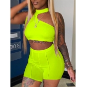 LW Casual One Shoulder Crop Top Green Two Piece Sh