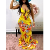 LW Boho Floral Print Bandage Hollow-out Design Yel