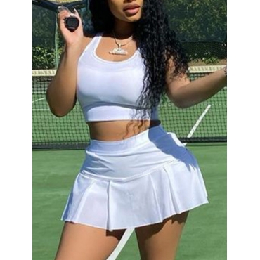 

LW Sporty U Neck Flounce Design White Two Piece Skirt Set