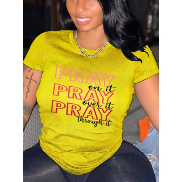 

LW Round Neck Letter Print T-shirt, Yellow