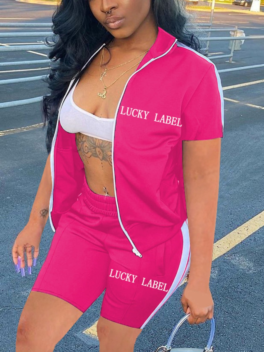 

LW Sporty Turndown Collar Letter Print Rose Red Two Piece Shorts Set