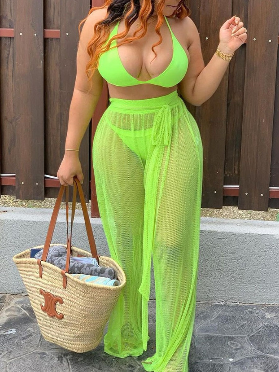 

Lovely Boho High-waisted See-through Green Three-piece Swimsuit