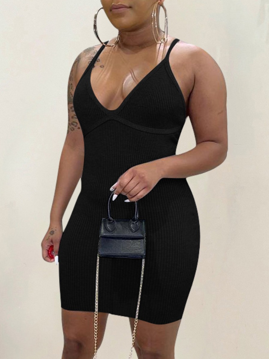 

Lovely Casual V Neck Rib-Knit Black Mini Dress