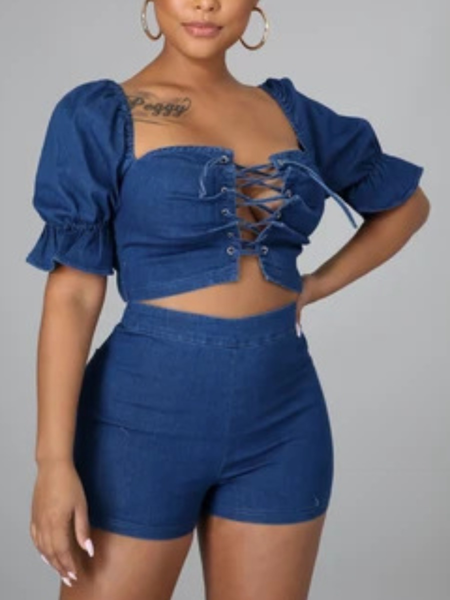 

Lovely Sweet Ruffle Bandage Design Deep Blue Denim Two Piece Shorts Set