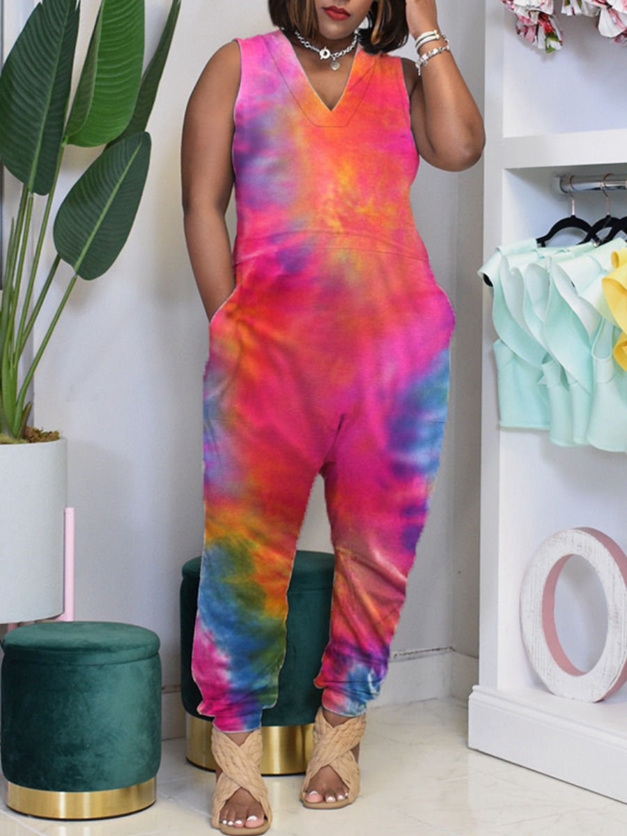 

Lovely Street V Neck Tie-dye Rose Red One-piece Jumpsuit