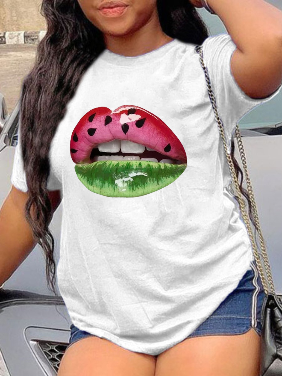 

Lovely Street O Neck Lip Print Green Plus Size T-shirt