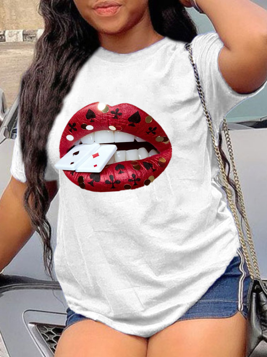 

Lovely Street O Neck Lip Print White Plus Size T-shirt