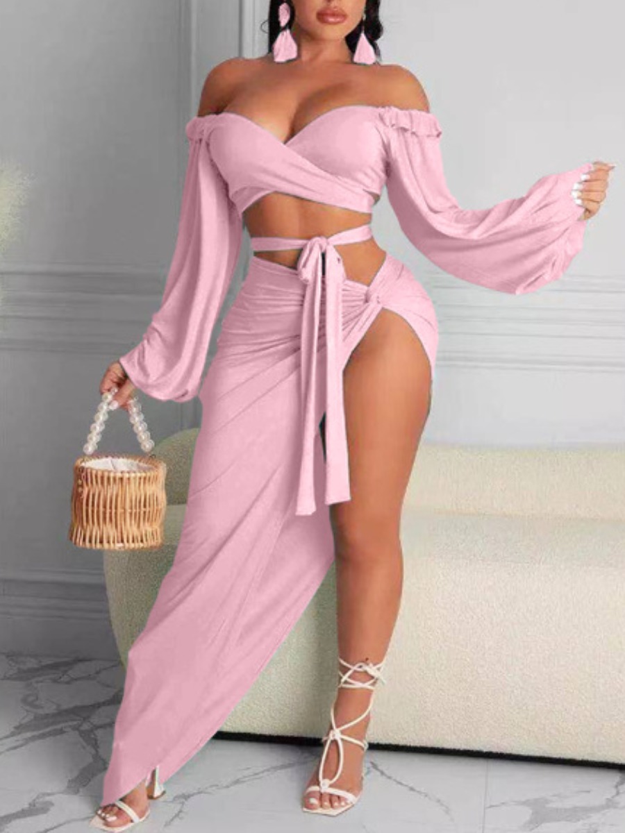 

Lovely Sexy Off the Shoulder Bandage Design Split Pink Two Piece Skirt Set