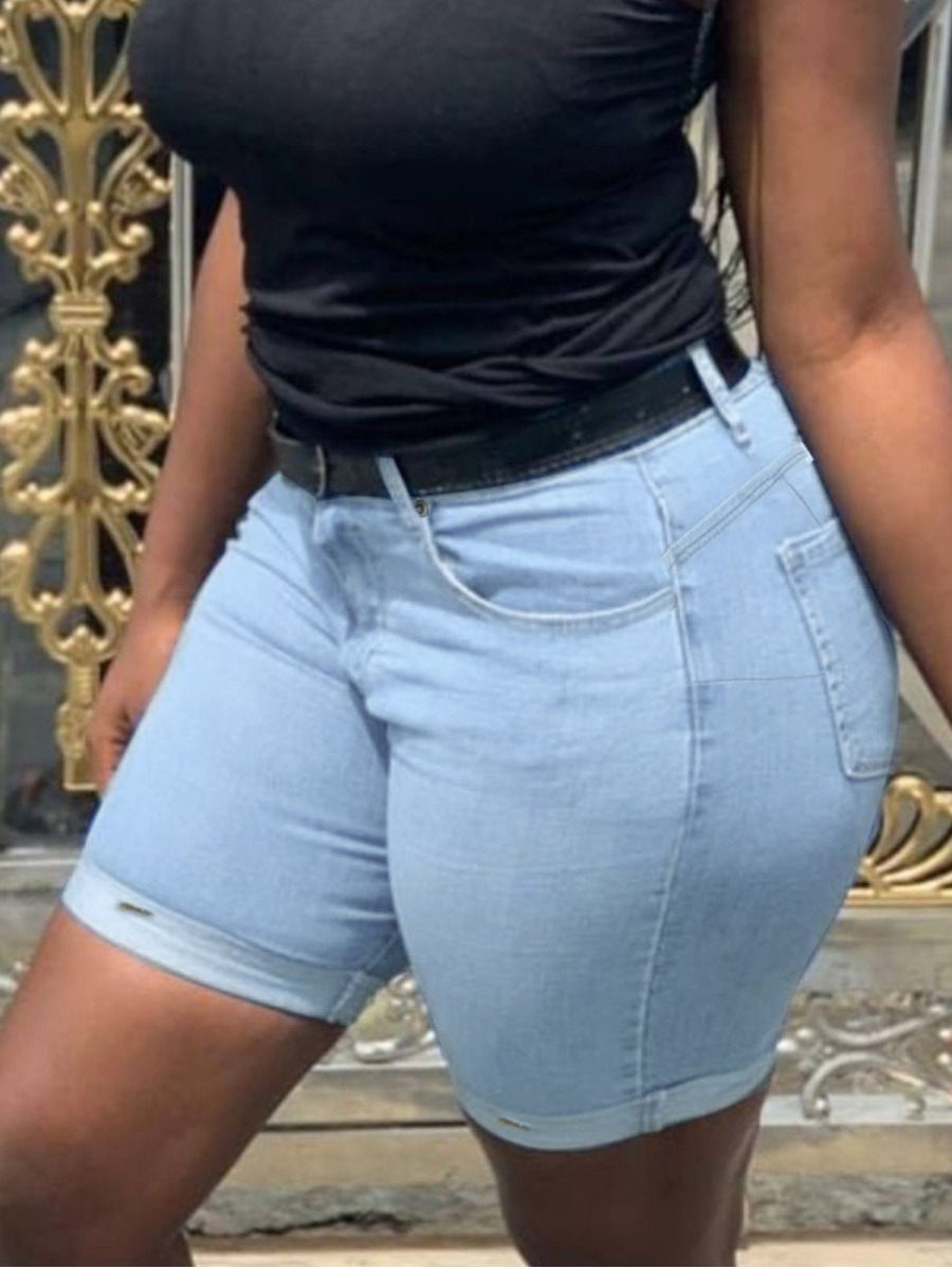 

Lovely Casual High-waisted Elastic Baby Blue Denim Shorts