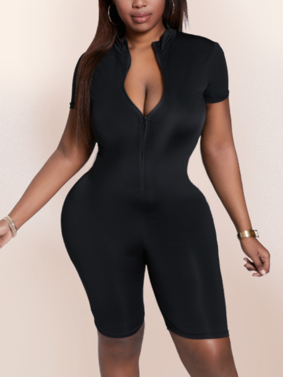 

LW Plus Size Zipper Design Basic Skinny Romper, Black