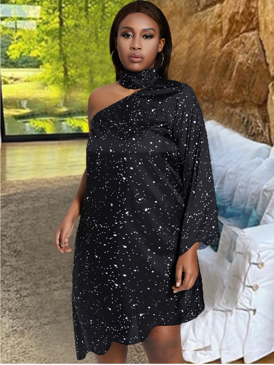 

Lovely Plus Size Sweet One Shoulder Dot Print Black Knee Length Dress