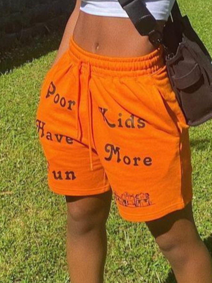 

Lovely Street Letter Print Drawstring Orange Shorts