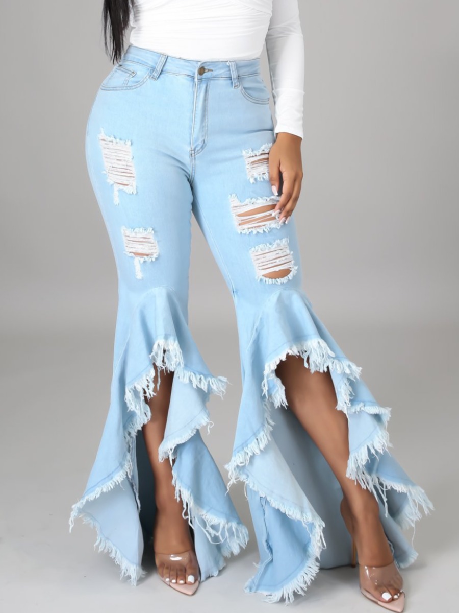 

LW Sweet Ripped Flared Flounce Design Baby Blue Jeans