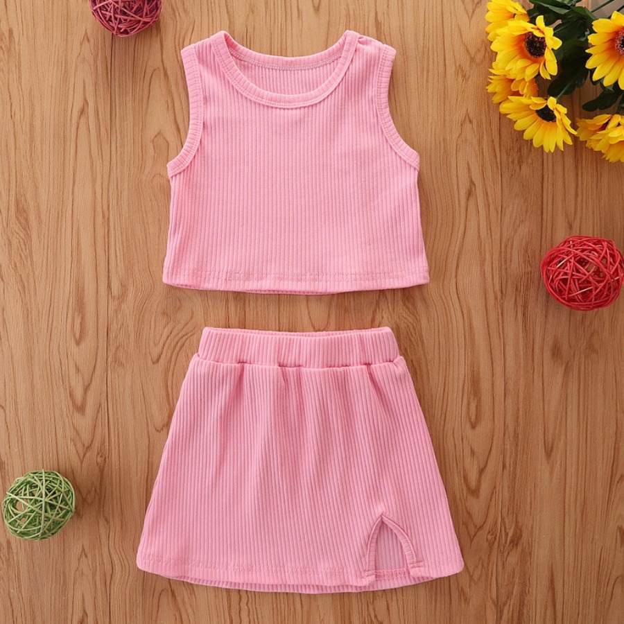 

Lovely Girl Sporty O Neck Rib-Knit Pink Two Piece Skirt Set