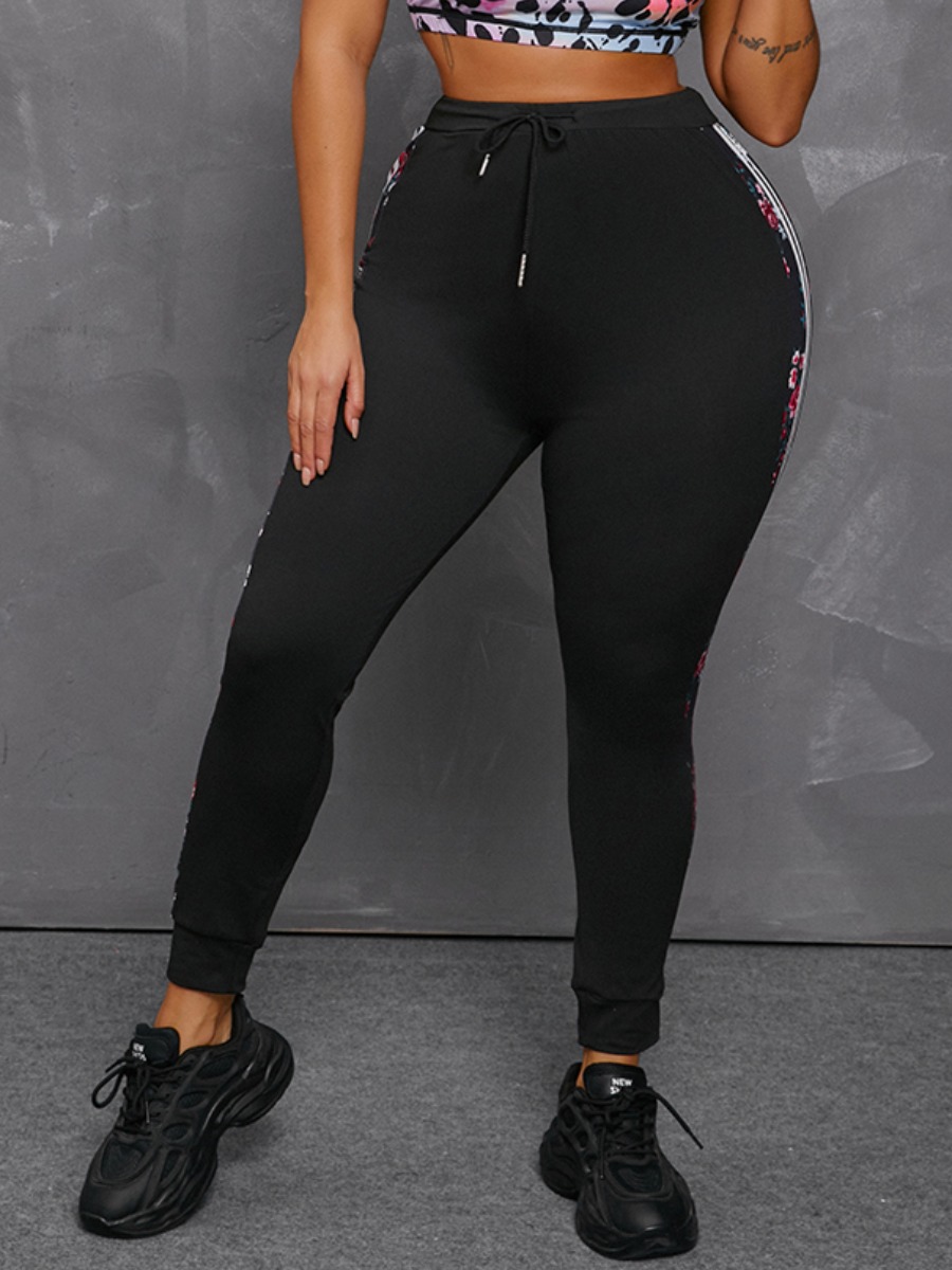 

Lovely TikTok Leggings Sporty Floral Print Striped Black Yoga Leggings