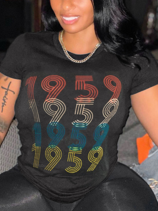 

Lovely Plus Size Street O Neck Letter Print Grey T-shirt