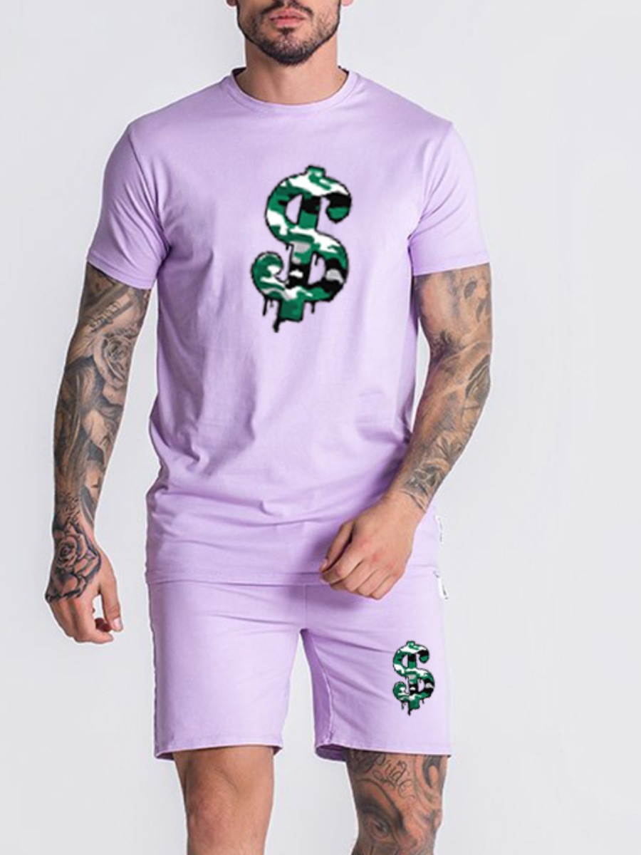 

Lovely Men Casual O Neck Letter Print Light Pink Two Piece Shorts Set