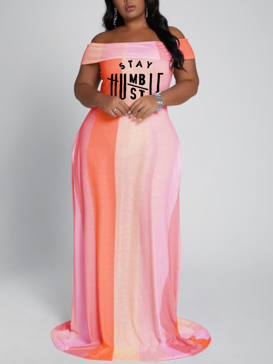 

LW Boho Fold-over Letter Print Striped Orange Trailing Plus Size Dress