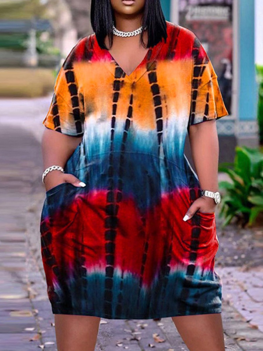 

LW Plus Size V Neck Tie-dye Dress, Orange