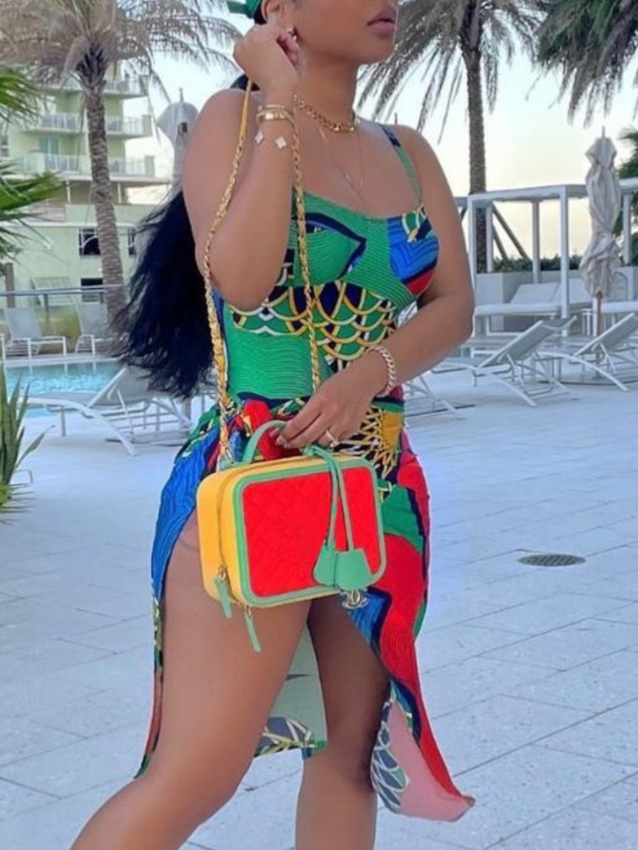 

Lovely Casual Print Patchwork Green Knee Length Asymmetrical Dress