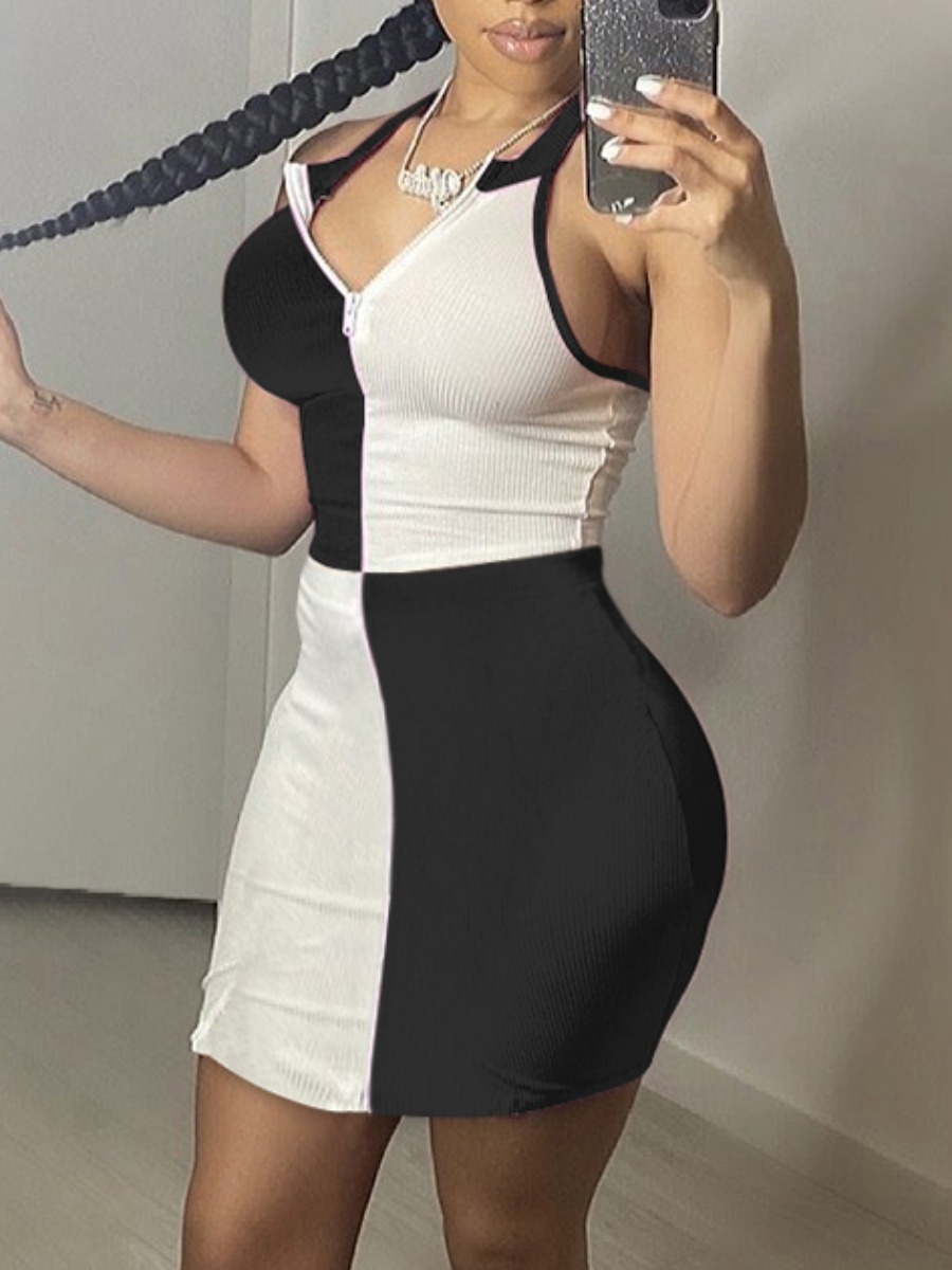 

Lovely Casual V Neck Color-lump White Mini Dress
