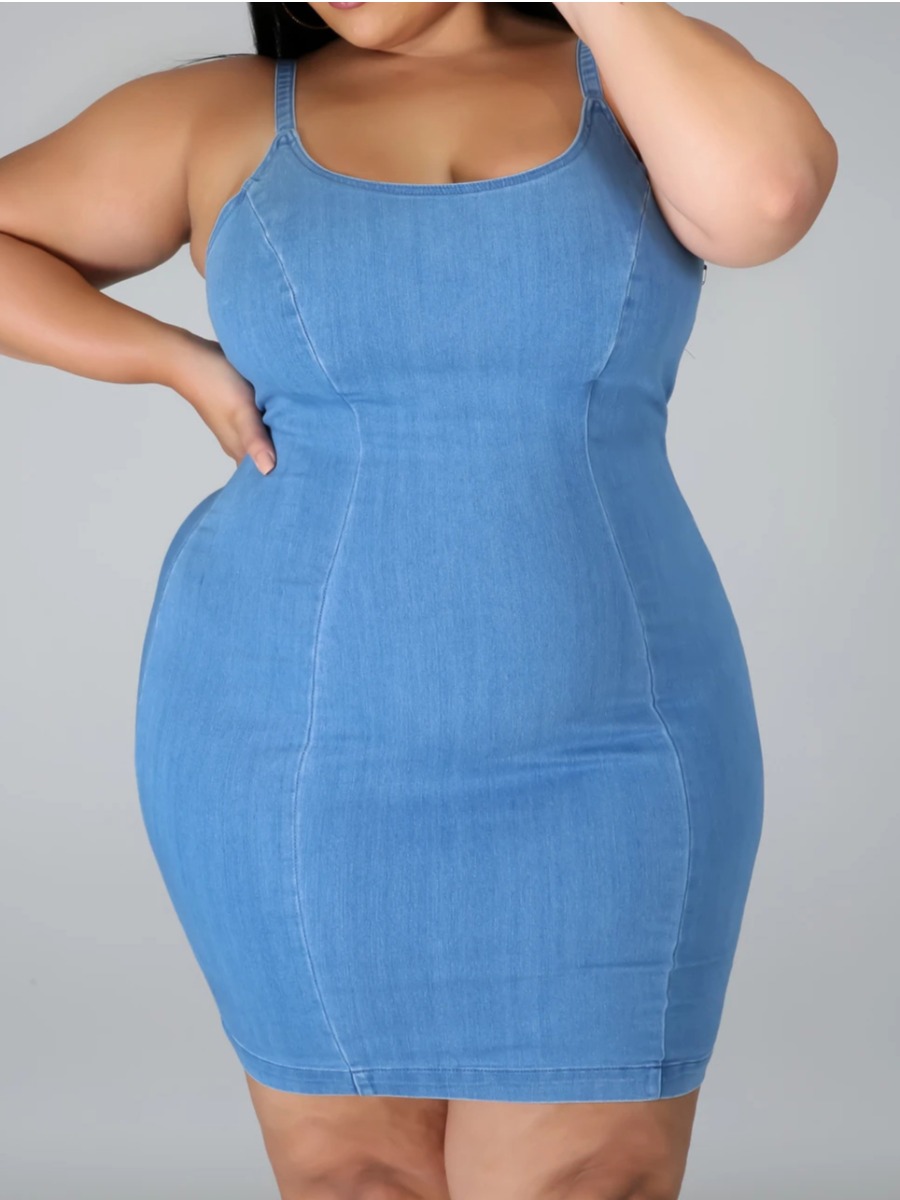 

Lovely Plus Size U Neck Elastic Denim Dress, Baby blue
