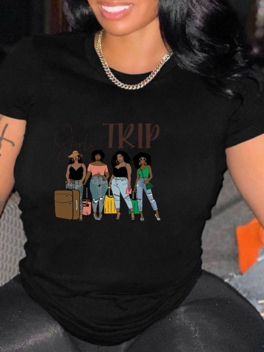 

Lovely Casual Figure Letter Print Black Plus Size T-shirt