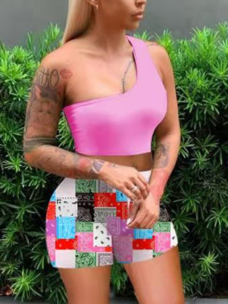 

Lovely Street One Shoulder Cashew Print Drawstring Pink Two Piece Shorts Set