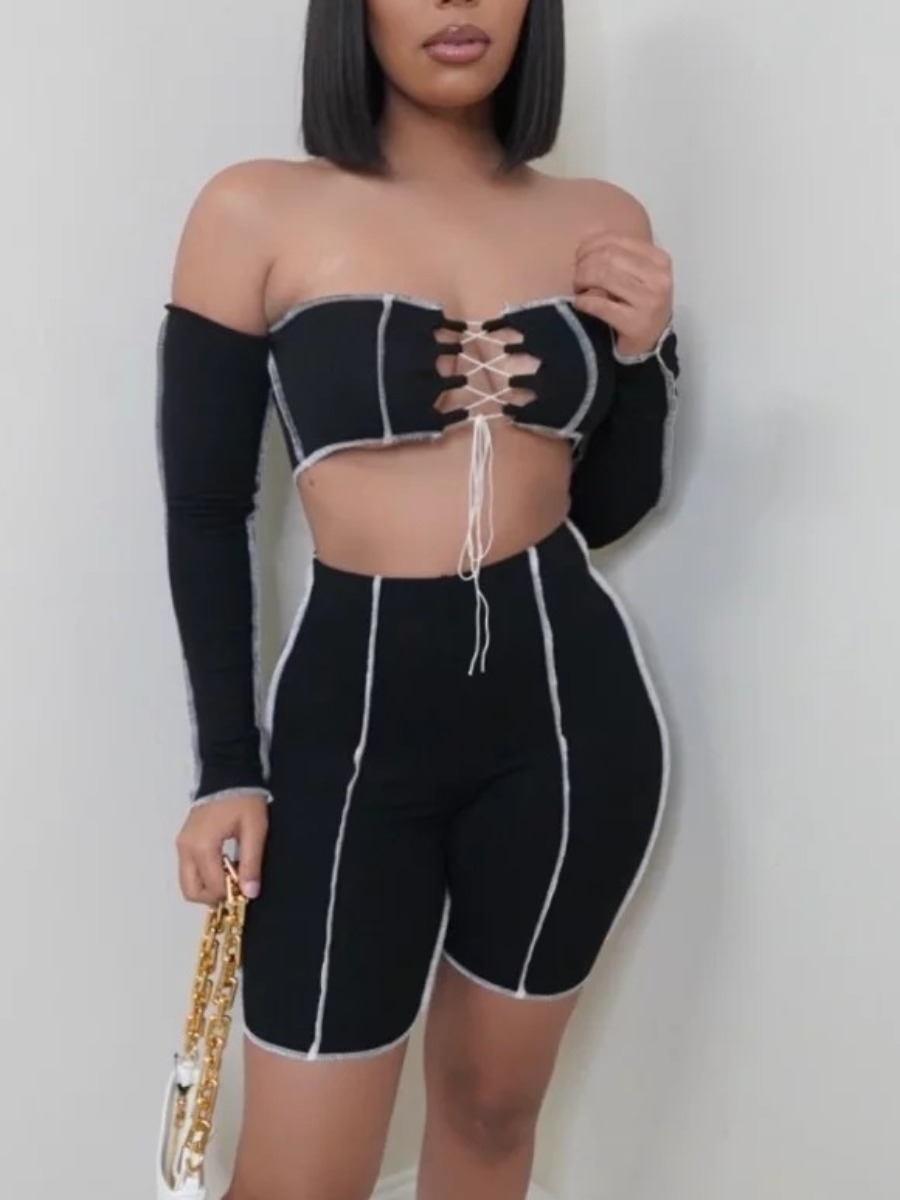 

LW Street Off The Shoulder Striped Black Two Piece Shorts Set