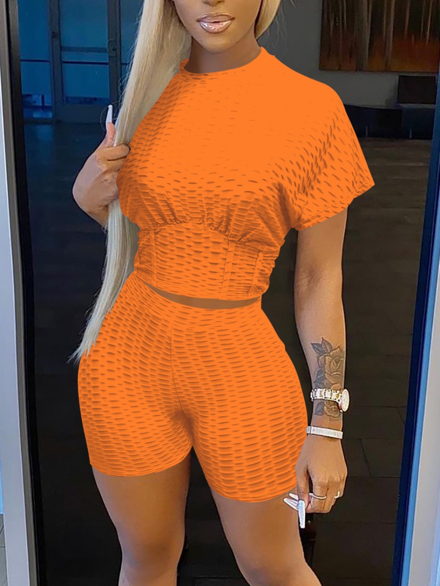 

LW Casual O Neck Elastic Orange Two Piece Shorts Set
